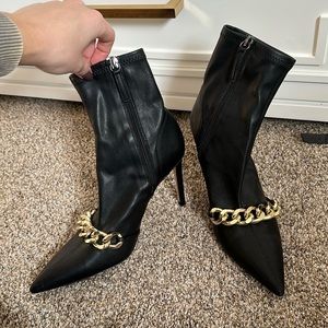 Zara black heeled boots with gold chain trim